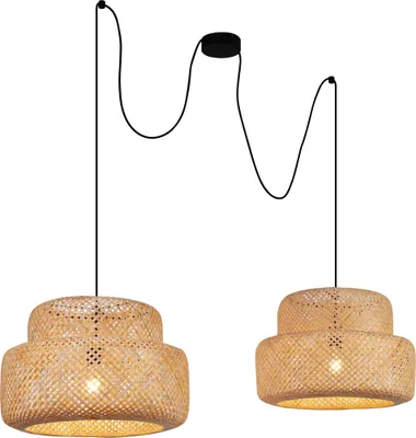 Produktbild von QAZQA - Japandi Japandi-Pendelleuchte I Pendellampe I Hängelampe I Pendellampe I Pendelleuchte I Lampe I Leuchte Schwarz mit Bambus 2-flammig - Kea I Wohnzimmer I Schlafzimmer - Stahl - LED geeignet E