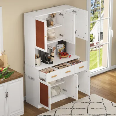 Image de MODFU Buffet de Cuisine Haut avec Éclairage LED et Prise, Armoire de Rangement en MDF à Portes - Blanc - 105×43×182 cm