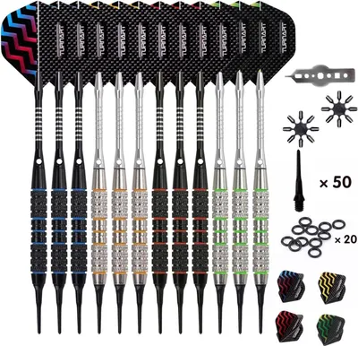 Produktbild von Dartpfeile Set 18g Kunststoffspitze 9 Stk. 50 Dartspitzen 20 Ringe 27 Flüge 9 Wellen