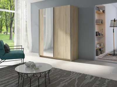 Obrázek produktu pro Vysoká šatní skříň 150 cm se zrcadlem LORICA - dub sonoma