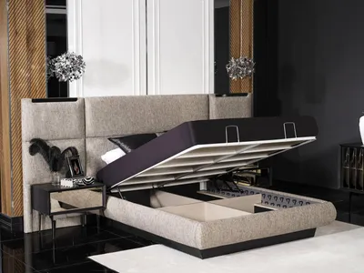Produktbild von Elegantes schwarzes Holzbett mit zwei Nachttischen im modernen Design