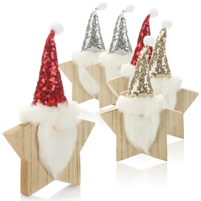 Productafbeelding van com-four® 6 kerstdecoraties van hout, vilten kerstmannetjes in sterrenvorm