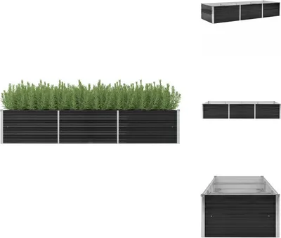 A long, black, segmented raised garden bed filled with lush green plants, shown against a white background. Several smaller images of similar garden beds are also present.