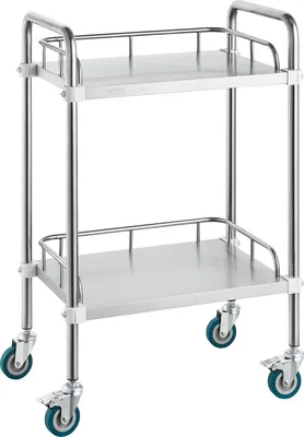 A two-tier stainless steel utility cart with casters, presented on a white background.