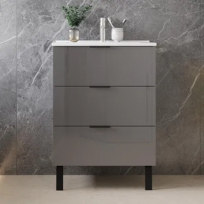 Produktbild von 60 cm Badmöbel-Set Unterschrank mit dünn Keramik waschtisch 3 Schubladen und 2 Füßen Hochglanz Anthrazit soft-close Selbstmontierter