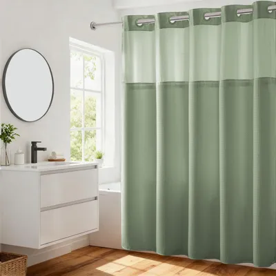 Image de Rideau de douche,rideau de salle de bain sans crochets (vert, 190 × 181 cm) avec fenêtre transparente en haut,double épaisseur, imperméable et lavable