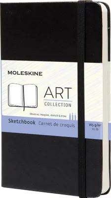 A black Moleskine sketchbook with an elastic band closure, shown from a slightly angled front view.