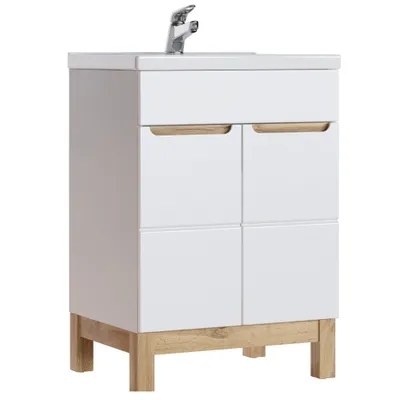 Produktbild von Komplett Badmöbel Set mit 60cm Keramikwaschtisch & LED-Spiegelschrank SOLNA-56 in Hochglanz weiß, B/H/T ca.: 160/200/46 cm