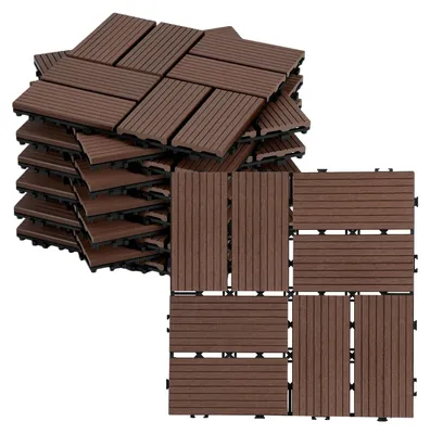 Produktbild von Vigevee WPC Terrassenfliesen 1 m², 30 x 30 cm 11 Stücke, Terrassendielen mit 8 Latten in Holzoptik, für Garten Balkon Bodenbelag mit Drainage und Klicksystem, Braun