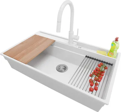 Produktbild von PRIMAGRAN Granitspüle Weiß 88x53cm, Spülbecken 1 Becken + Küchenarmatur 40x20cm + Ablauf-Set + Küchenzubehörset, Küchenspüle ab 90er Unterschrank - Oslo Pocket