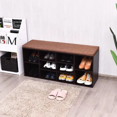 Produktbild von Schuhbank mit Kissen, verstellbaren Ablagen, braunes Holz
