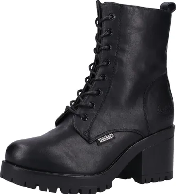 A black lace-up boot with a thick heel and sole.