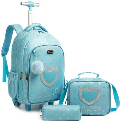 Produktbild von Schulranzen mit Rollen für Mädchen, Kinderrucksack Trolley, Blau, 46x30x20cm
