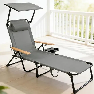Image de Transat de jardin avec auvent, transat de plage pliable et léger, transat pliable, transat de jardin résistant aux intempéries, transat de camping réglable pour jardin, balcon, camping, plage (gris, avec auvent)