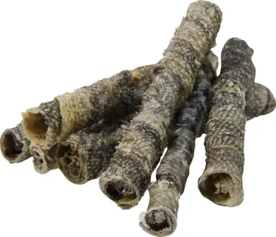 Produktbild von 100g Schecker Hundesnack Lachshautröllchen - fettarm - entschuppt - getrocknet