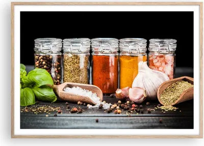 Produktbild von Gerahmtes Poster - Rahmen in heller Eiche - Gewürze Knoblauch Holz Salz - 100x70 cm - Wand Bild - Wanddeko - Wandbilder - Wandposter - Bilderrahmen - Bilder - Kunstdruck - Wandbild - P2NAA100x70-2896