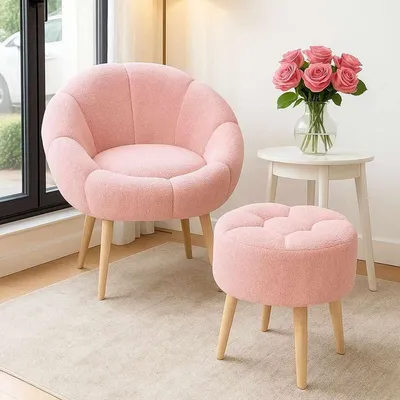 Produktbild von Hanah Home, Elitärer Flügelstuhl & Pouffe Set (2 Teile) - 100% Melamin, Pink