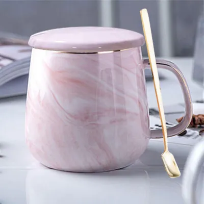 Image de Tasse en céramique de 400 ml, motif marbre, avec couvercle et cuillère, couleur rose