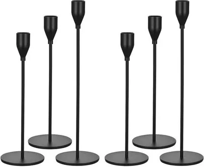 Produktbild von Ibenzoa® Klassisches 6‑teiliges Set schwarze Metall-Kerzenhalter – 2×22 cm, 2×27 cm, 2×32 cm, für 3/4'' Stabkerzen, rostbeständig, Tischdeko