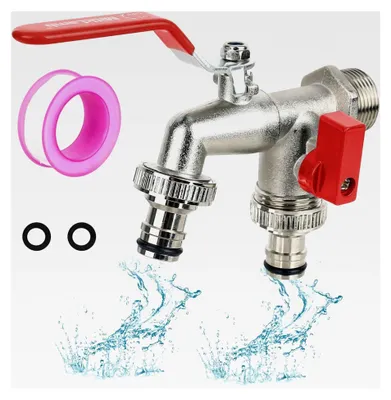 Produktbild von Premium 3/4 Zoll Wasserhahn Garten Doppel Wasserhahn Messing Kugelhahn Frostsicher Auslaufhahn mit 2 en Schlauchanschlüssen, 1 Rolle Dichtband, Doppelanschluss und Schlauchtülle