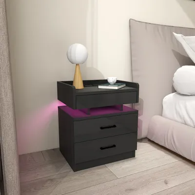 Produktbild von LED Nachttisch mit Steckdose & USB,Weiß Nachttisch Hochglanz mit 2 Schubladen,Beistelltisch Nachtschrank Bettschrank,Kommode Schlafzimmer 45x35x52cm