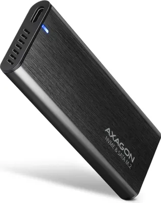 Produktbild von Axagon EEM2-SB2 Externe USB-C 3.2 Gen 2 Metallbox für M.2 NVMe & SATA SSDs. Schraubenlos, SSD-Gehäuse, M.2, NVMe-oF, SATA, Serial ATA II, Serial ATA III, 10 Gbit/s, USB Anschluss, Schwarz