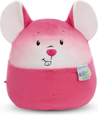 A pink plush mouse toy is shown against a white background.