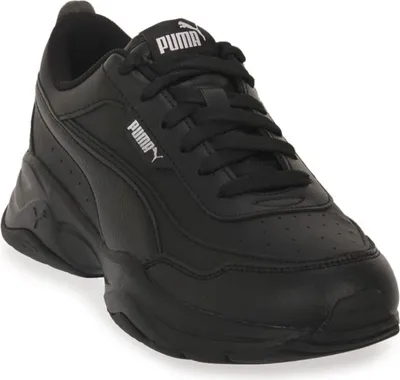 A black Puma sneaker is shown from a slightly elevated side angle against a white background.