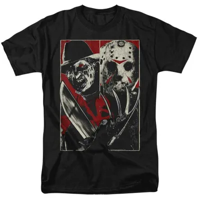Image de T-shirt Freddy contre Jason, modèle unie pour hommes/femmes, référence TV38495 (taille S), couleur noire, productTiles.product.images.aiGenerated