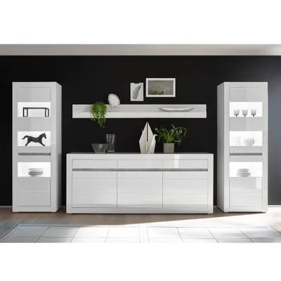 Produktbild von Wohnwand-Set mit Vitrinen inkl. LED und Sideboard in weiß Hochglanz COGO-61 BxHxT: 369x198x42cm