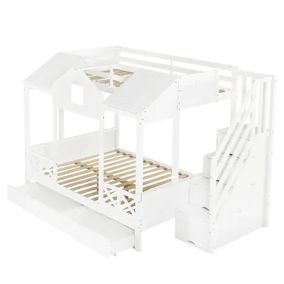 Produktbild von Flieks Etagenbett 90x200cm/140x200cm mit 2 Schubladen, Kinderbett Hausbett mit Treppe und Rausfallschutz, Kinder Hochbett mit Lattenrost, Weiß