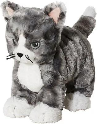 A stuffed toy cat on a white background.