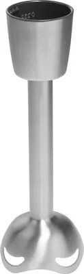 A silver immersion blender attachment is shown against a white background.
