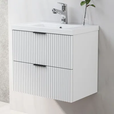 Produktbild von Waschtisch mit Unterschrank 60cm RIVA Badmöbel Set Weiß Keramik Dick Waschbecken mit Unterschrank MDF Softclose