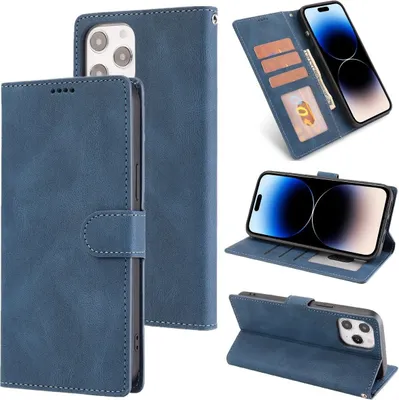 Produktbild von König Design Hülle kompatibel mit Apple iPhone 14 Pro Kunstleder Handyhülle - Handy Case Blau