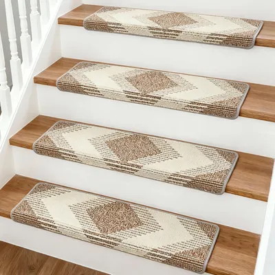 Obrázek produktu pro YEERSWAG Sada 15 rohoží na schody Bullnose 76×24×4,3 cm, protiskluzové kobercové rohože k nalepení pomocí pásky na dřevěné schody, khaki+béžová barva