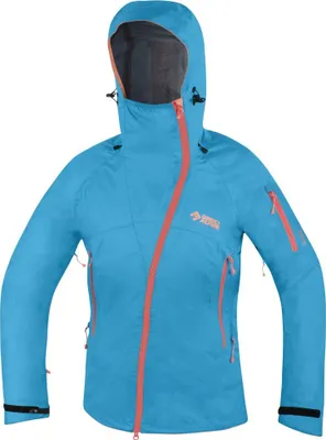 Hardshelljacke für Damen in Blau mit orangefarbenen Reißverschlüssen von DirectAlpine.