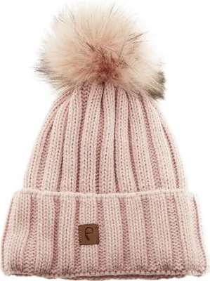 Productafbeelding van Warme muts voor herfst of winter, met pompon en voering, in lichtroze