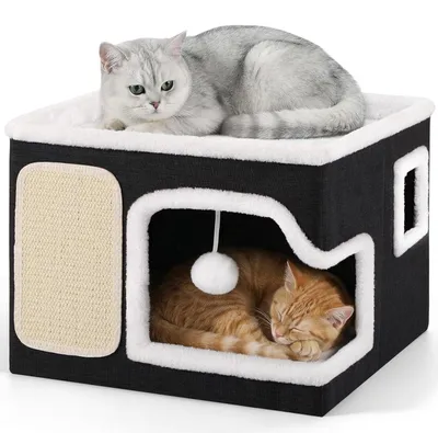 Immagine prodotto di Cuccia pieghevole per gatti, a due piani, di dimensioni 42x42x32 cm, color grigio scuro, con tiragraffi e pallina giocattolo