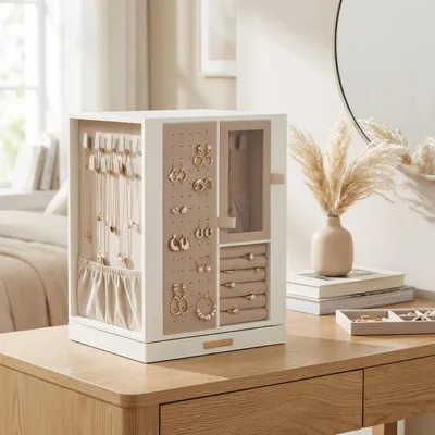 Produktbild von SONGMICS Schmuckbox mit 4 Schubladen, drehbar, Schmuckaufbewahrung, platzsparend, Geschenkidee, weiß