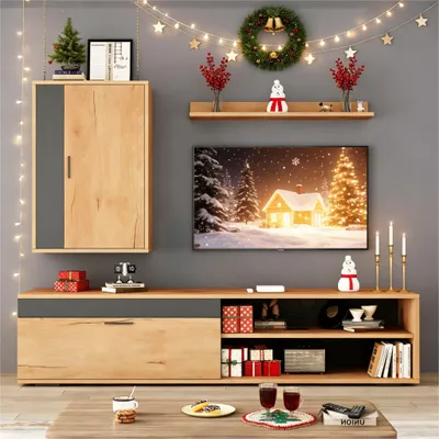 Image de Fortuna Lai 140*35*39cm Ensemble mural TV (ensemble complet, 3 pièces), meuble multimédia avec meuble TV, étagère sur pied et étagère murale, ensemble de meubles TV pour salon, meuble TV moderne, sur pied et suspendu, couleur bois + noir