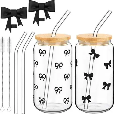 Immagine prodotto di Elegante set di bicchieri, 2 pezzi, nero, con cannuccia e coperchio, ideale per caffè e cocktail