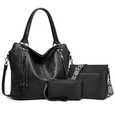 Produktbild von Handtasche 3-Tlg Shopper Schultertasche Geldbörse Damen Groß Umhängetasche Für Freizeit Business Schule Büro usw in schlichter Optik (Schwarz)