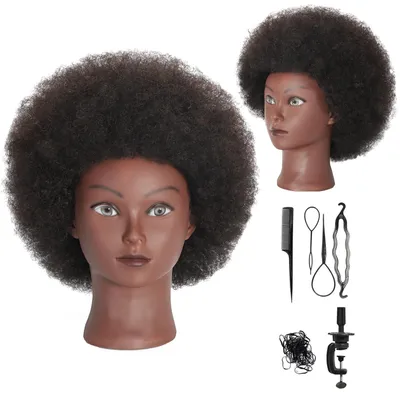 Immagine prodotto di Omgoods - Testa di manichino afro riccia - 100% capelli umani, ideale per l'utilizzo nei saloni di parrucchieri