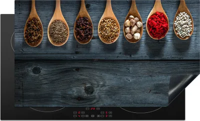 Produktbild von KitchenYeah© Herdabdeckplatte Gewürze - Löffel - Holz - Küche - Gewürze - Industrie , 89x51cm, Küche Deko, Glaskeramikkochfeld Herdabdeckung, Abdeckplatte fùr Kochfeld