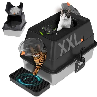 Produktbild von Katzentoilette Extra große geschlossene Edelstahl-Katzentoilette mit Deckel,Schaufel mit Stufe, Zwei-Eingang, Geruchshemmend, Antihaft, für alle Katze