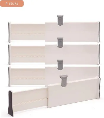 Productafbeelding van JustValue Ladeverdelers 4-Pack – Verstelbaar van 28-43 cm – Kunststof – 10 cm Hoog – Lade Organizer voor Keuken – Slaapkamer – Badkamer – Kantoor – Wit