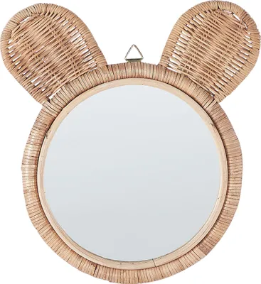 Produktbild von BELIANI Wandspiegel mit Bärenohren Natur Rattan ø 20 cm Rund Boho Stil Geflochten für Kinderzimmer Wanddeko Wandaccessoires