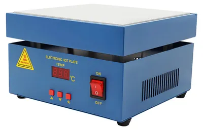 Zdjęcie produktu dla Stacja do podgrzewania lutownic - płyta grzewcza do napraw PCB - 800 W - 20 x 20 cm - wyświetlacz LCD - 50–400 °C ±2 °C - wtyczka EU - niebieska