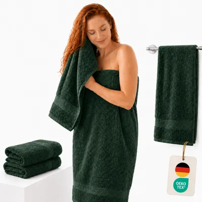 Produktbild von Komfortec 2er Set Duschtücher, 70x140cm Größe, Doppelpack, %100 Baumwolle, Handtücher, Frottee, Weich, Saugstark, Dunkelgrün